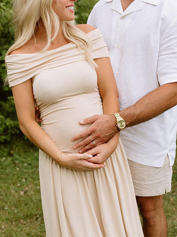 Apricot Off Shoulder Ruched Backless Boat Neck Cap Sleeve Splicing Elegant Boutique Holiday Gowns Photoshoot Maternity Maxi Dress Maternity
